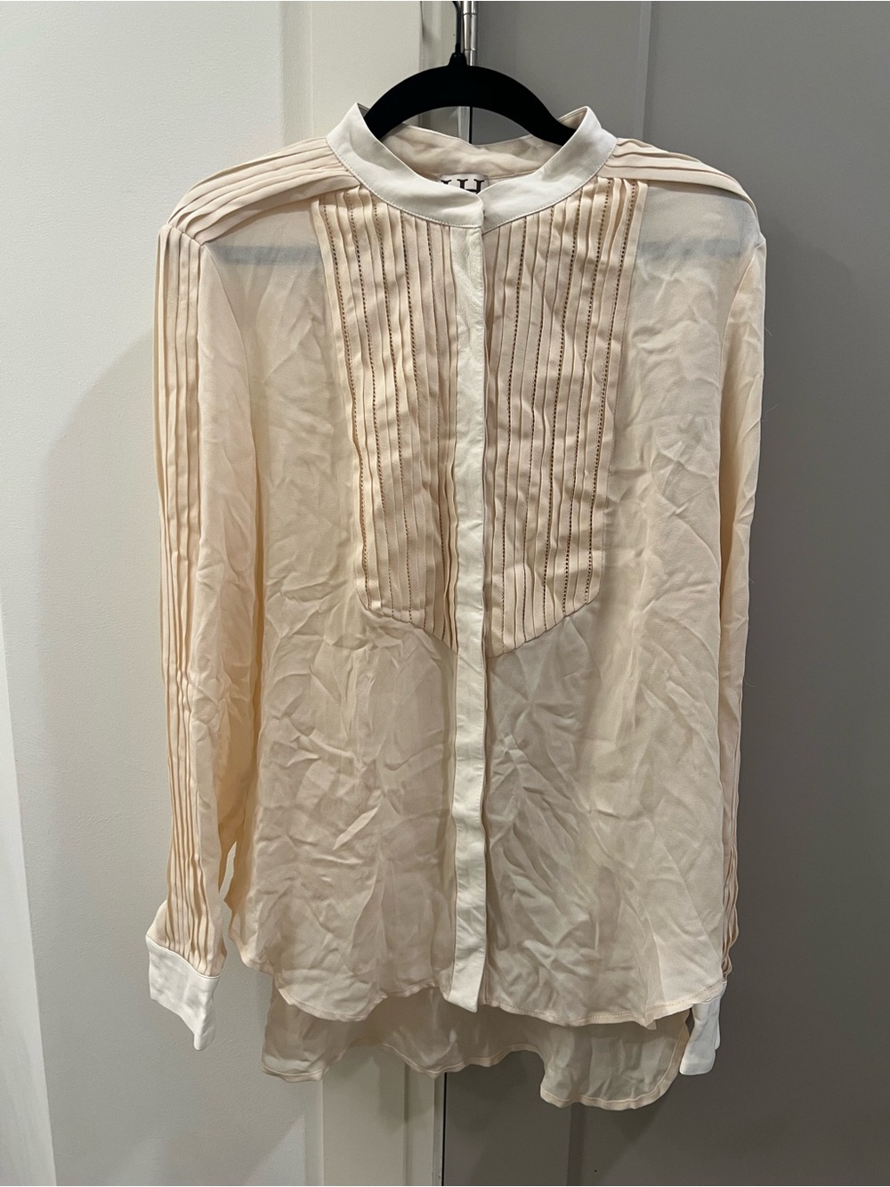 NWT Sheer Pleated Ivory Button-Front Blouse with leather trim *has callout*